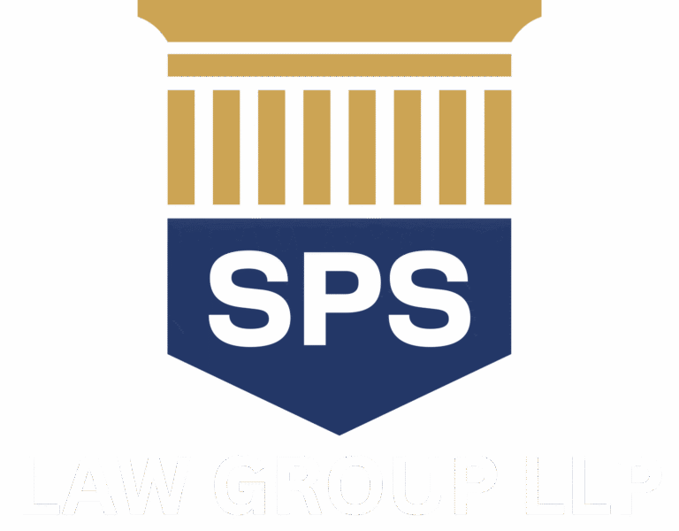 SPS Law GroupLLP logo featuring classical columns in gold and navy blue shield with white text