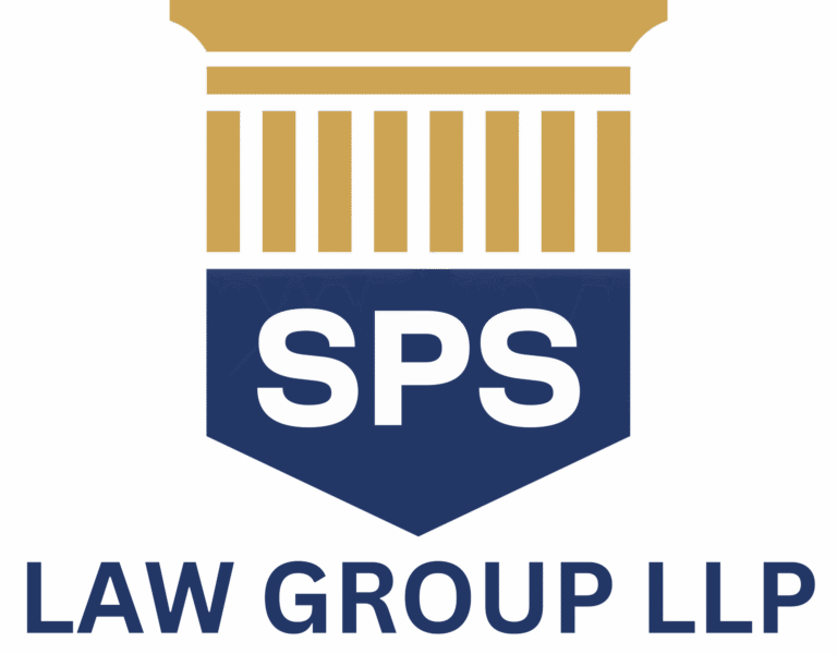 SPS Law Group LLP logo featuring gold columns and dark blue shield with white text